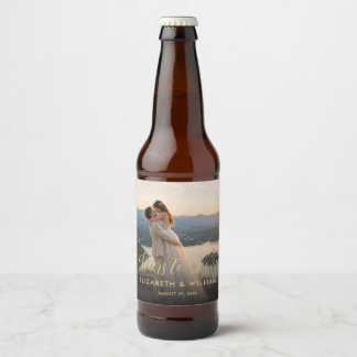 Etiqueta Para Botella De Cerveza Boda personalizada de lunares dorados y negros