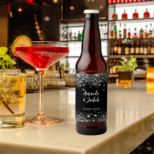 Etiqueta Para Botella De Cerveza Boda purpurina de plata negra