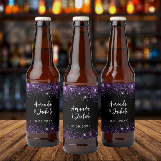Etiqueta Para Botella De Cerveza Boda purpurina morado negro (Subido por el creador)