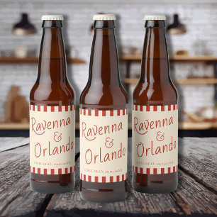 Etiqueta Para Botella De Cerveza Boda Retro Minimalista con Rayas de Marfil Rojo