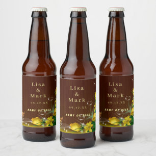 Etiqueta Para Botella De Cerveza Boda Rústica Madera Oscura Amarillo Floral Maripos