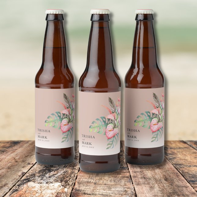 Etiqueta Para Botella De Cerveza Boda Tropical Flower Beach (Tropical Flower Beach Wedding Beer Bottle Label)
