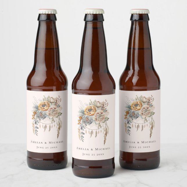 Etiqueta Para Botella De Cerveza Boho Flowers y Dreamcatcher - Boda (Botellas)