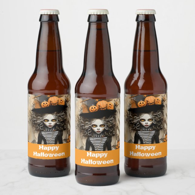 Etiqueta Para Botella De Cerveza Bruja de Halloween con calabazas (Botellas)