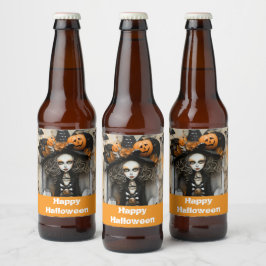 Etiqueta Para Botella De Cerveza Bruja de Halloween con calabazas