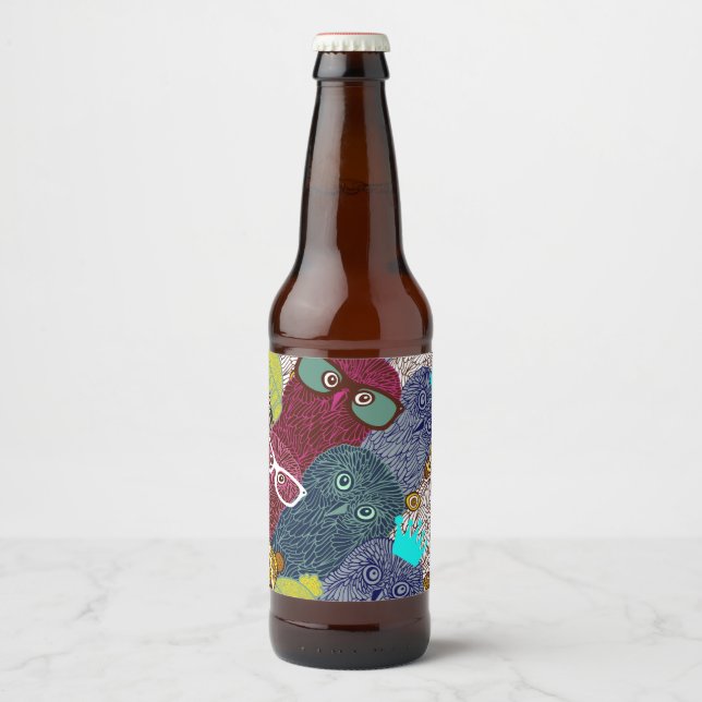 Etiqueta Para Botella De Cerveza Búho en la corona (Anverso)