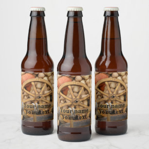 Etiqueta Para Botella De Cerveza Calabazas y rueda del carrito de madera rural