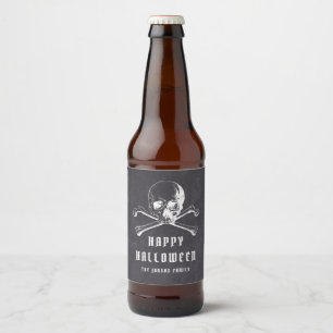 Etiqueta Para Botella De Cerveza Calavera Pirata Negra Vintage y Huesos Feliz Hallo