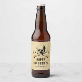 Etiqueta Para Botella De Cerveza Calavera pirata vintage y huesos Feliz Halloween