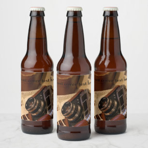Etiqueta Para Botella De Cerveza Cámara analógica vintage en funda marrón de cuero