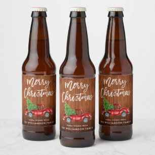 Etiqueta Para Botella De Cerveza Camión de vintage de Navidades de madera rústica c