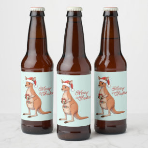 Etiqueta Para Botella De Cerveza Canguro Festivo Con Gorro De Santa Navidades