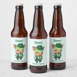 Etiqueta Para Botella De Cerveza Cerdo de cuento de hadas verde lindo con atuendo b