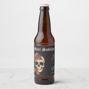Etiqueta Para Botella De Cerveza Cerveza de boda elegante con cráneo floral naranja