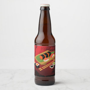 Etiqueta Para Botella De Cerveza Chic Moderno Elegante Sushi Negro y Rojo