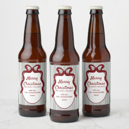 Etiqueta Para Botella De Cerveza Clásico Navidad con Rayas Verde Oscuro y Lazo Rojo