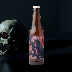 Etiqueta Para Botella De Cerveza Cuervo Negro y Arce Japonés Retorcido