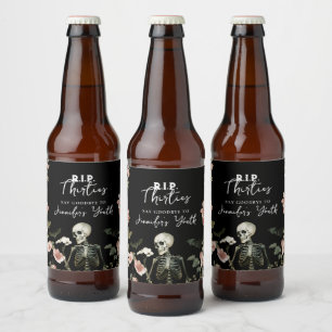 Etiqueta Para Botella De Cerveza Cumpleaños 40 RIP Esqueleto Fiesta Floral Rosa