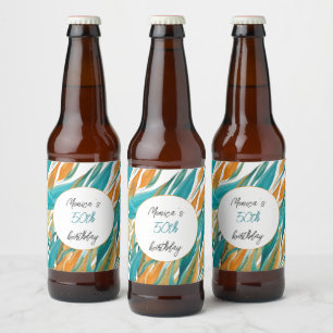 Etiqueta Para Botella De Cerveza Cumpleaños Personalizado Acuarela Naranja Turquesa