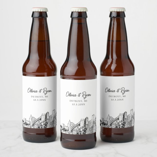 Etiqueta Para Botella De Cerveza Detroit Skyline Personalizado (Botellas)