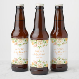 Etiqueta Para Botella De Cerveza Ducha de Bebé Niña con Verde y Flor de Rosa Amaril