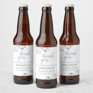 Etiqueta Para Botella De Cerveza Duste Blue en White Silver Lace Boda Gracias