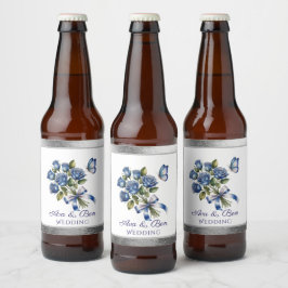 Etiqueta Para Botella De Cerveza Elegant Blue Roses and Butterfly Silver Wedding