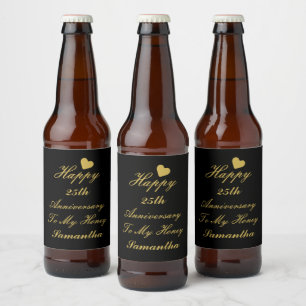 Etiqueta Para Botella De Cerveza Elegante Black Gold Script 25 Aniversario Feliz