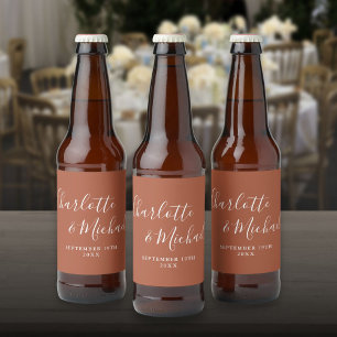 Etiqueta Para Botella De Cerveza Elegante Boda de Terracota con guión de firma