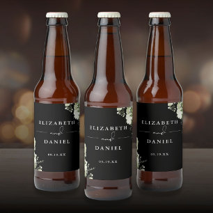 Etiqueta Para Botella De Cerveza Elegante Boda De Verdor Floral Blanco Y Negro