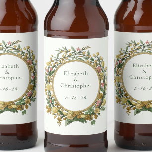 Etiqueta Para Botella De Cerveza Elegante Boda Floral Vintage Amarillo