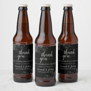 Etiqueta Para Botella De Cerveza Elegante encaje plateado sobre Boda negro Gracias