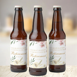 Etiqueta Para Botella De Cerveza Elegante Fiesta de Jubilación Letra Dorada Floral