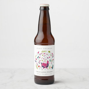Etiqueta Para Botella De Cerveza Elegante Granja Folk Floral Birdie Baby Shower