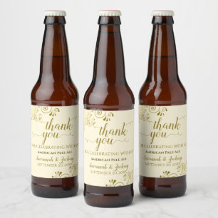 Etiqueta Para Botella De Cerveza Elegante Lacy Gold en Cream Boda Gracias