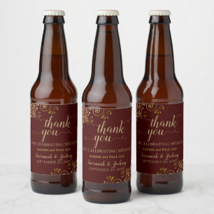 Etiqueta Para Botella De Cerveza Elegante oro en Auburn Brown Boda Gracias
