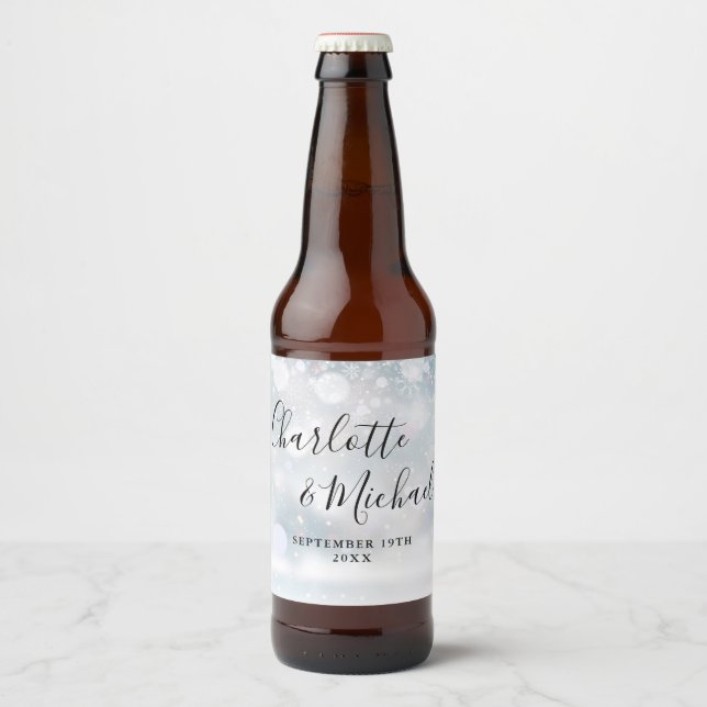 Etiqueta Para Botella De Cerveza Elegante script de firma copos de inviernoBoda (Anverso)