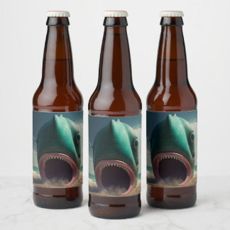 Etiqueta Para Botella De Cerveza Escultura de tiburón en la playa
