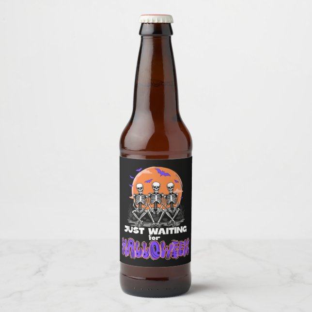 Etiqueta Para Botella De Cerveza Esperando Halloween, Skeleton Cute (Anverso)