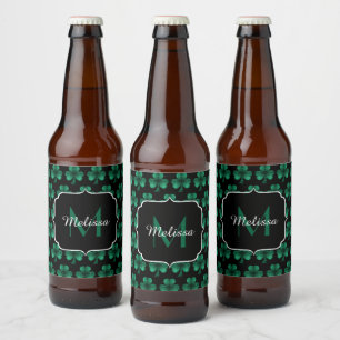 Etiqueta Para Botella De Cerveza Espuma verde esmeralda Shamrock negro Monograma