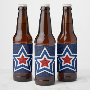 Etiqueta Para Botella De Cerveza Estrella Roja, Blanca y Azul con Brillo del 4 de J