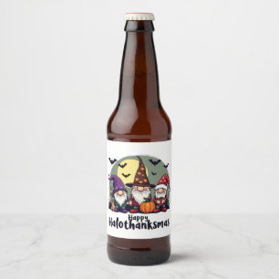 Etiqueta Para Botella De Cerveza Feliz Hallothanksmas Navidad Gnomes de Halloween
