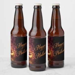 Etiqueta Para Botella De Cerveza Feliz Halloween Jack O'Lantern Negro y Naranja