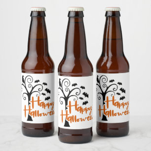 Etiqueta Para Botella De Cerveza Feliz Halloween Naranja Negro Árbol Muerto Murciél