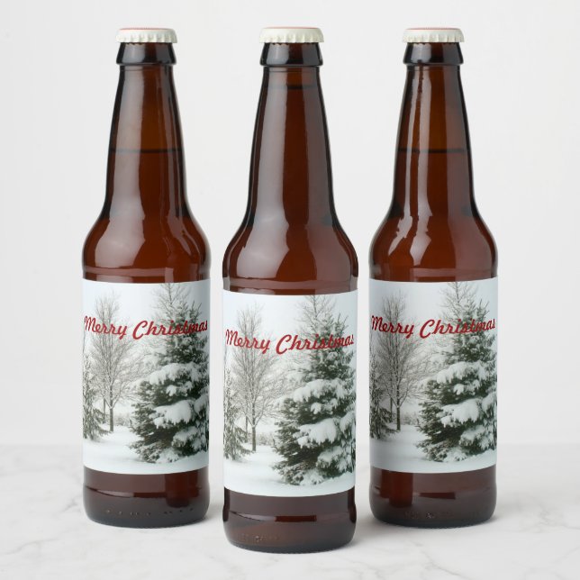 Etiqueta Para Botella De Cerveza Feliz Navidad, abetos con nieve (Botellas)