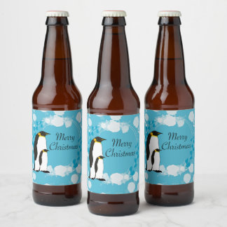 Etiqueta Para Botella De Cerveza feliz navidad, navidad,pingüino,flores,azul,