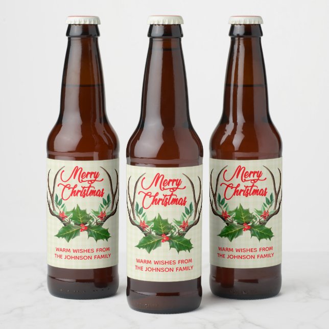 Etiqueta Para Botella De Cerveza Feliz Navidad Rústica Antlers (Botellas)