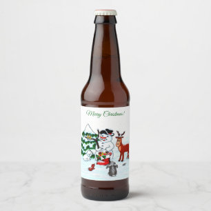 Etiqueta Para Botella De Cerveza Feliz Navidad! Snowman con amigos