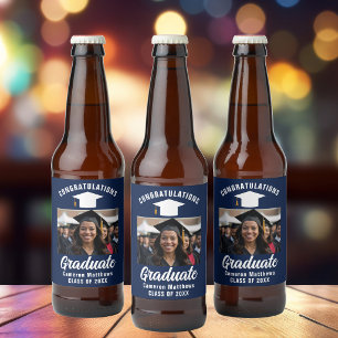 Etiqueta Para Botella De Cerveza Fiesta de Graduación Foto de Graduado Azul Marino 