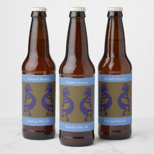 Etiqueta Para Botella De Cerveza Flauta Jugando a la figura de Kokopelli - Azul sob